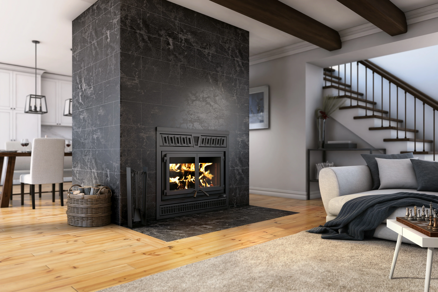 Valcourt Waterloo wood burning wall built-in fireplace with visible wood burning flame in a modern living room, 95,000 BTU/h High efficiency modern indoor wood fireplace with 1,000 -2,800 square feet heating area. Lab tested fireplace and this fireplace is similar to, Valcourt Dallaire II Wood Burning Fireplace fp18r, Osburn Stratford II Wood Fireplace, Napoleon Oakdale Wood Burning Fireplace Insert, True North Tn20 Wood Burning Fireplace Insert, Empire Stove Archway 2300 Wood Burning Insert WB23IN.