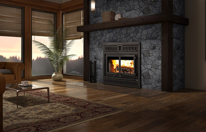 Valcourt Waterloo wood burning wall built-in fireplace with visible wood burning flame in a modern living room, 95,000 BTU/h High efficiency modern indoor wood fireplace with 1,000 -2,800 square feet heating area. Lab tested fireplace and this fireplace is similar to, Valcourt Dallaire II Wood Burning Fireplace fp18r, Osburn Stratford II Wood Fireplace, Napoleon Oakdale Wood Burning Fireplace Insert, True North Tn20 Wood Burning Fireplace Insert, Empire Stove Archway 2300 Wood Burning Insert WB23IN.