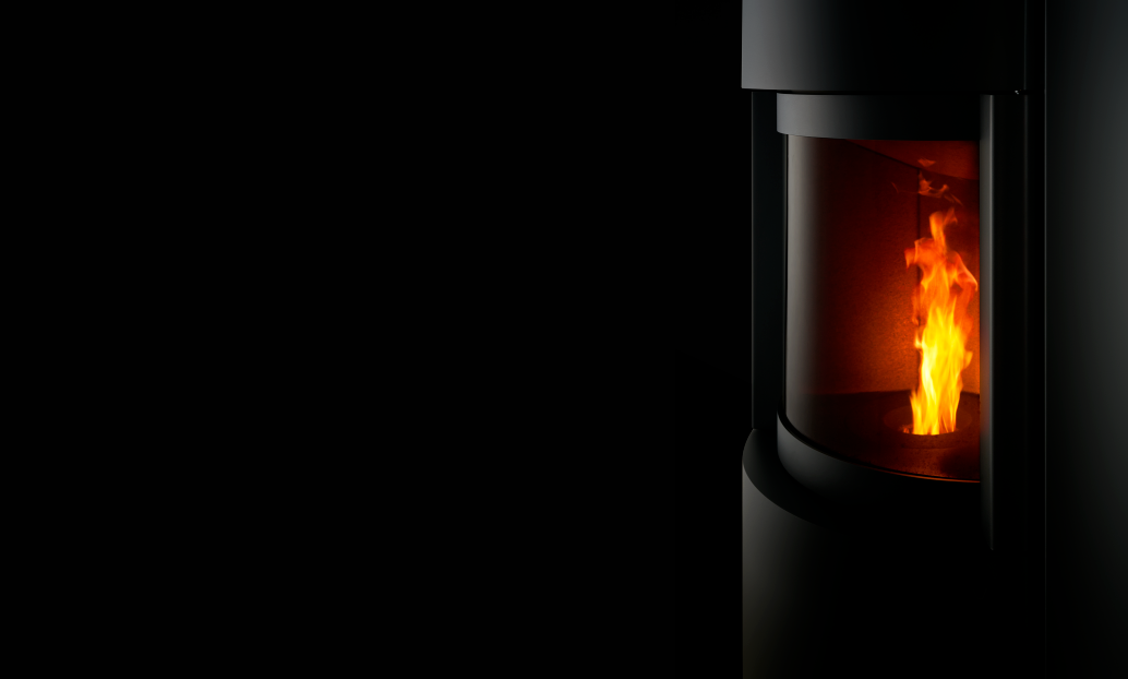 Black Cylindrical SP-20B Modern Indoor Pellet Stove with Glass Fire screen and a visible pellet burning flame. High-efficiency, autonomous, Ultra quiet smart control Home heating luxury pellet fireplace. Eco-Friendly Fireplace, Freestanding pellet stove. This pellet stove is similar to Aduro by Osburn H1 Hybrid Wood/Pellet Stove SF00401, ComfortBilt 2200-sq ft Pellet stove with 47-lb Hopper, Dielle Grecale 70 Pellet Stove - Pearl White Steel With Magic Black Glass Front, Freedom Stoves Pellet Stove.