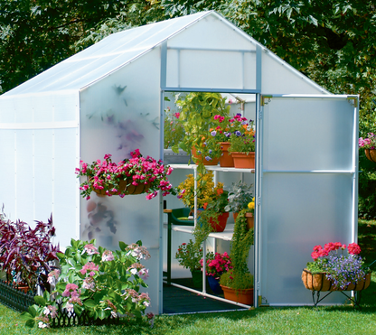 Ample Room 6'6"x 8'9" Small Greenhouse in the Garden with flower Floral arrangement on the Frame bench and a closeable door 