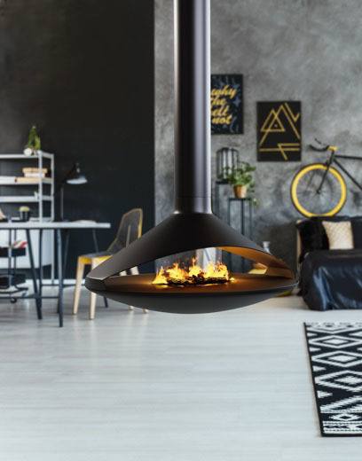 Modern See through 42" diameter Black Finish, 12" minimum clearance hanging/suspended VITA GIOIA Indoor gas fireplace in a large Modern living room. Mid-century design Suspended gracefully from above, this fireplace becomes more than a heat source—it’s a centerpiece that redefines luxury living. VITA GIOIA is similar to Gyrofocus Glazed Fireplace by Focus, Zen Elegante Wood Burning Suspended Fireplace, Ergofocus Glazed hanging fireplace.