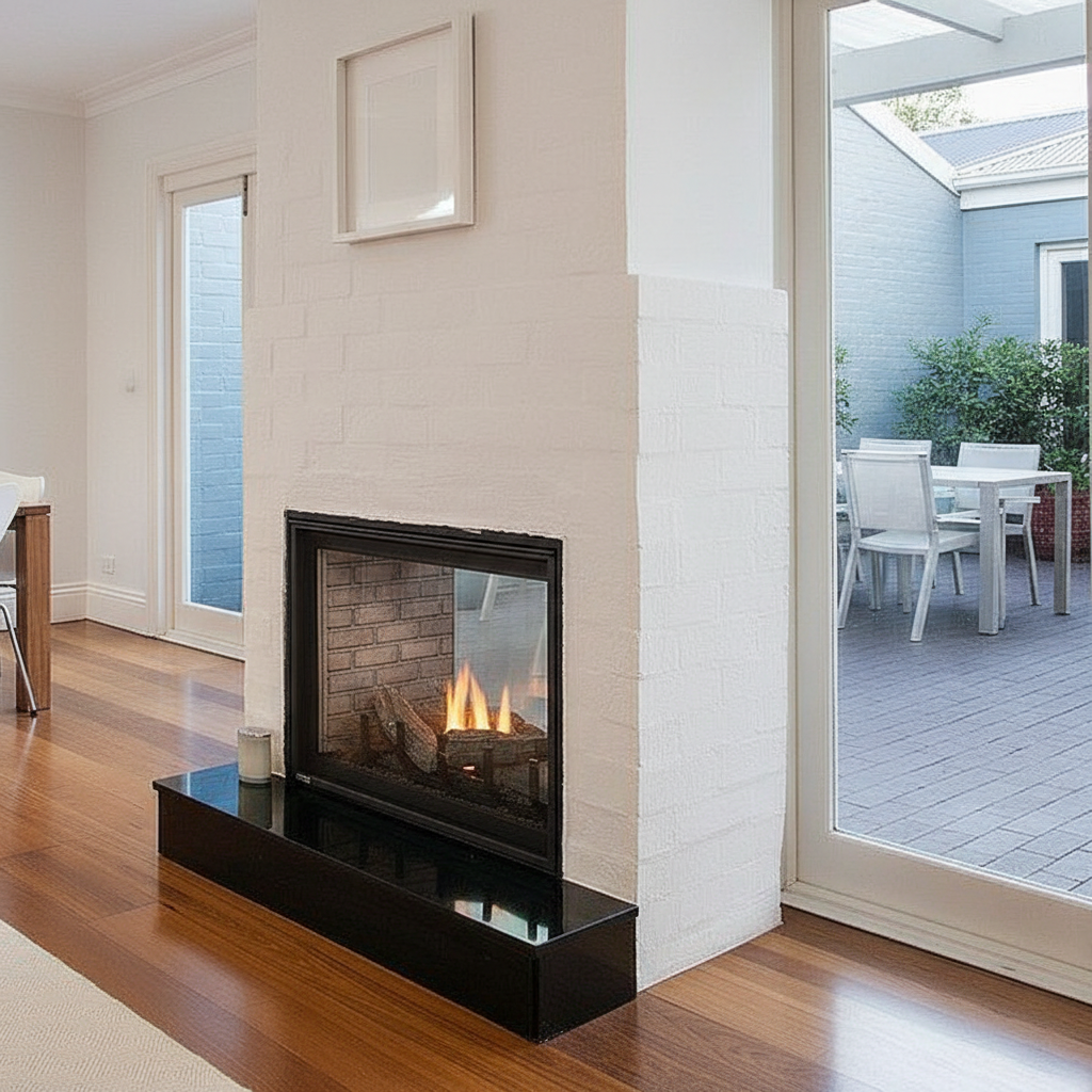 Montigo Divine H38FSD see-through gas fireplace installed in white brick room divider between living room and patio