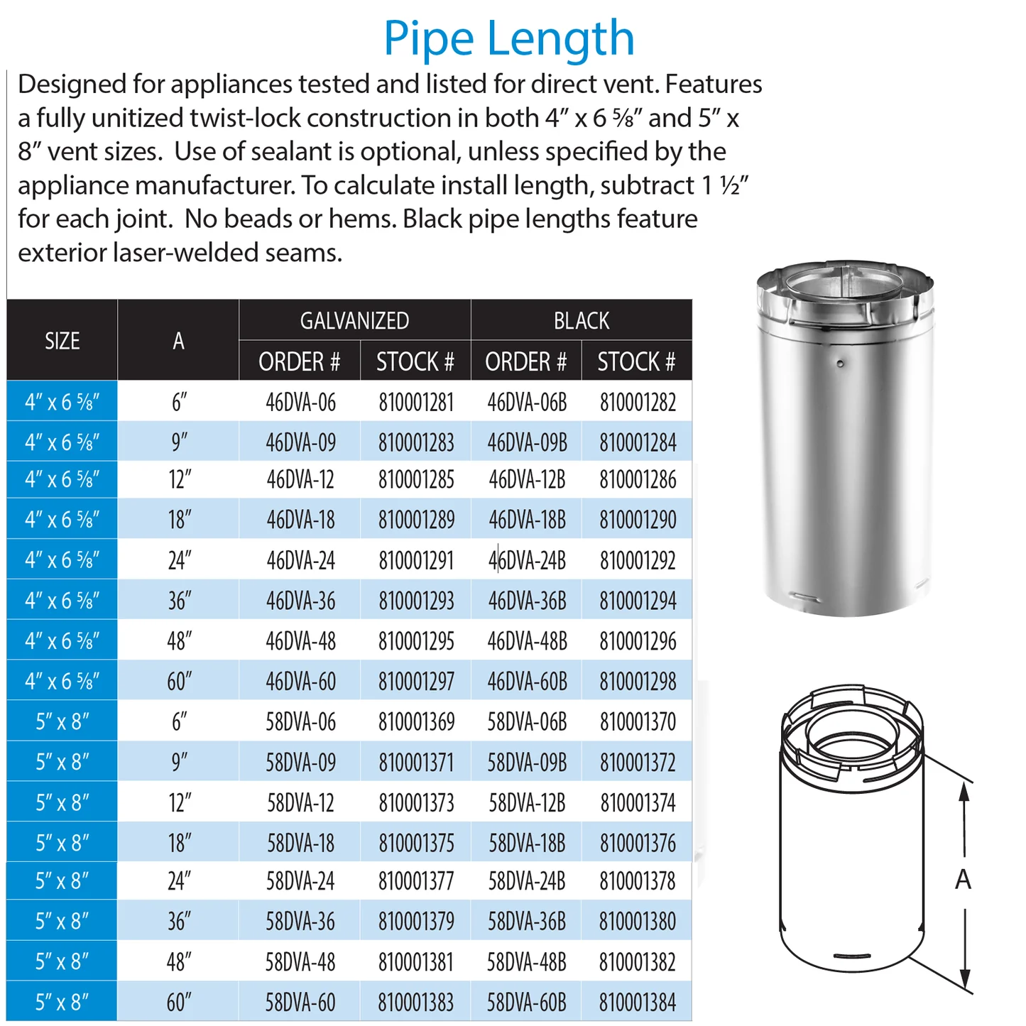 DuraVent Direct Vent 9 Inch Pipe - 5" x 8" Inner Diameter Galvanized Direct Vent Pipe For Gas Fireplaces