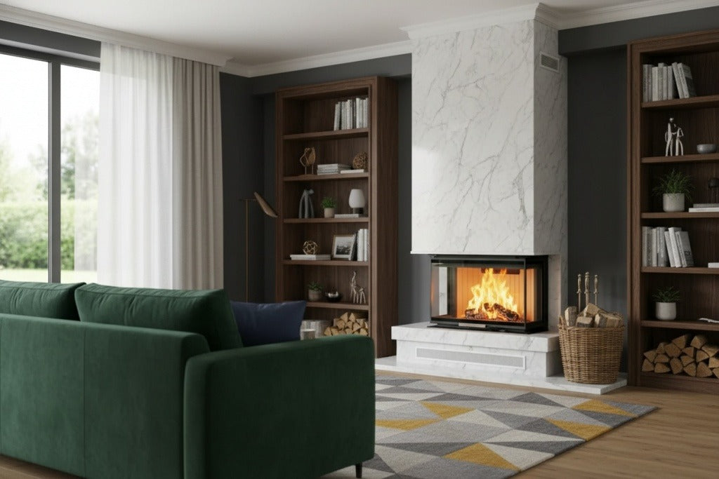 The Albero 3 sided glass wood stove - Corner Built-In Indoor Fire Place Insert