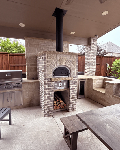 Dual fuel Natural gas and wood-fired built-in outdoor residential pizza oven CBO-750 Hybrid Pizza oven DIY Kits with burning flame Inside the Dome in a backyard setting. The DIY kit includes everything you need to build your custom pizza oven. 
High efficient two gas burner system, ready to finish enclosure bundle, Fireproof and weather-resistant design chicago brick oven 750 hybrid pizza oven. 
Countertop Pizza oven, backyard pizza oven, outdoor kitchen pizza oven similar to Premio pizza oven kit-Forno.