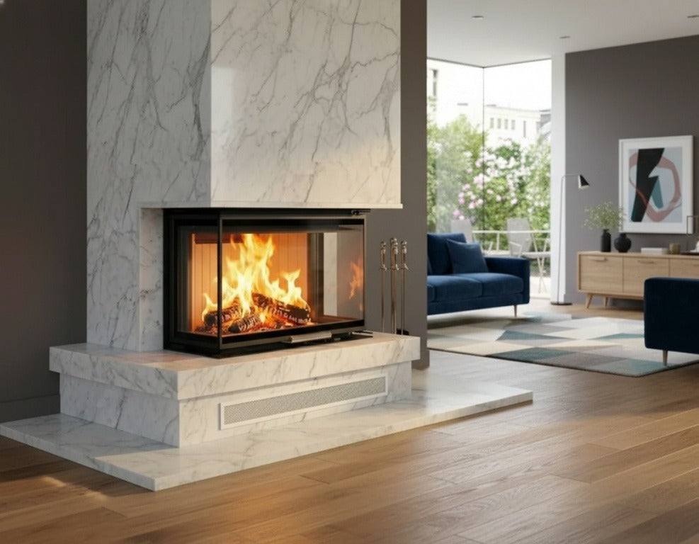 The Albero 3 sided glass wood stove - Corner Built-In Indoor Fire Place Insert