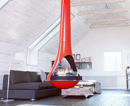 UFO design Curved shape red color VITA LUCIJA Suspended/Hanging Indoor Gas fireplace with a protective glass and visible flame in a modern living room.
Mid-century, eco-friendly Hanging/floating indoor gas fireplace.
LUCIJA Gas Fireplace is similar to Shine 6 Luxury Indoor Hanging Fireplace Wood Burning Fireplace, Modern Suspended Black Fireplace – Hanging Gas Fireplace for Luxury Living Room & Contemporary Interiors, Decorative Range of Wood Fireplaces by Focus HÉTÉROFOCUS 1400.