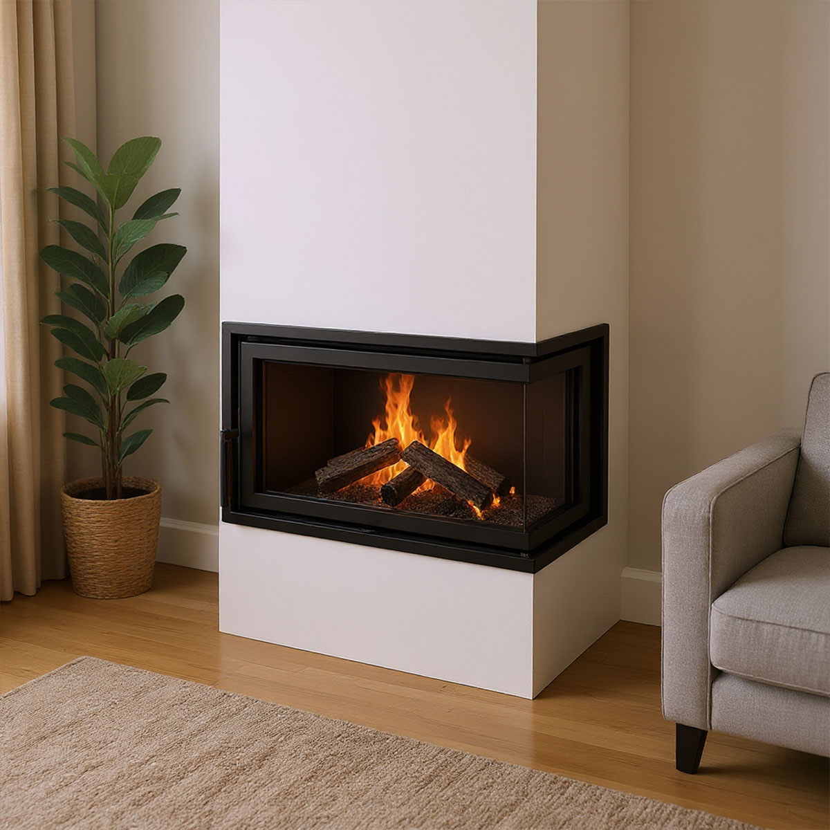 White Painted Wall-Inbuilt Dorako Eco Max 7 Right Standard Wood Fireplace with Flames and Logs in a Modern living room setting with Flower vase on the side