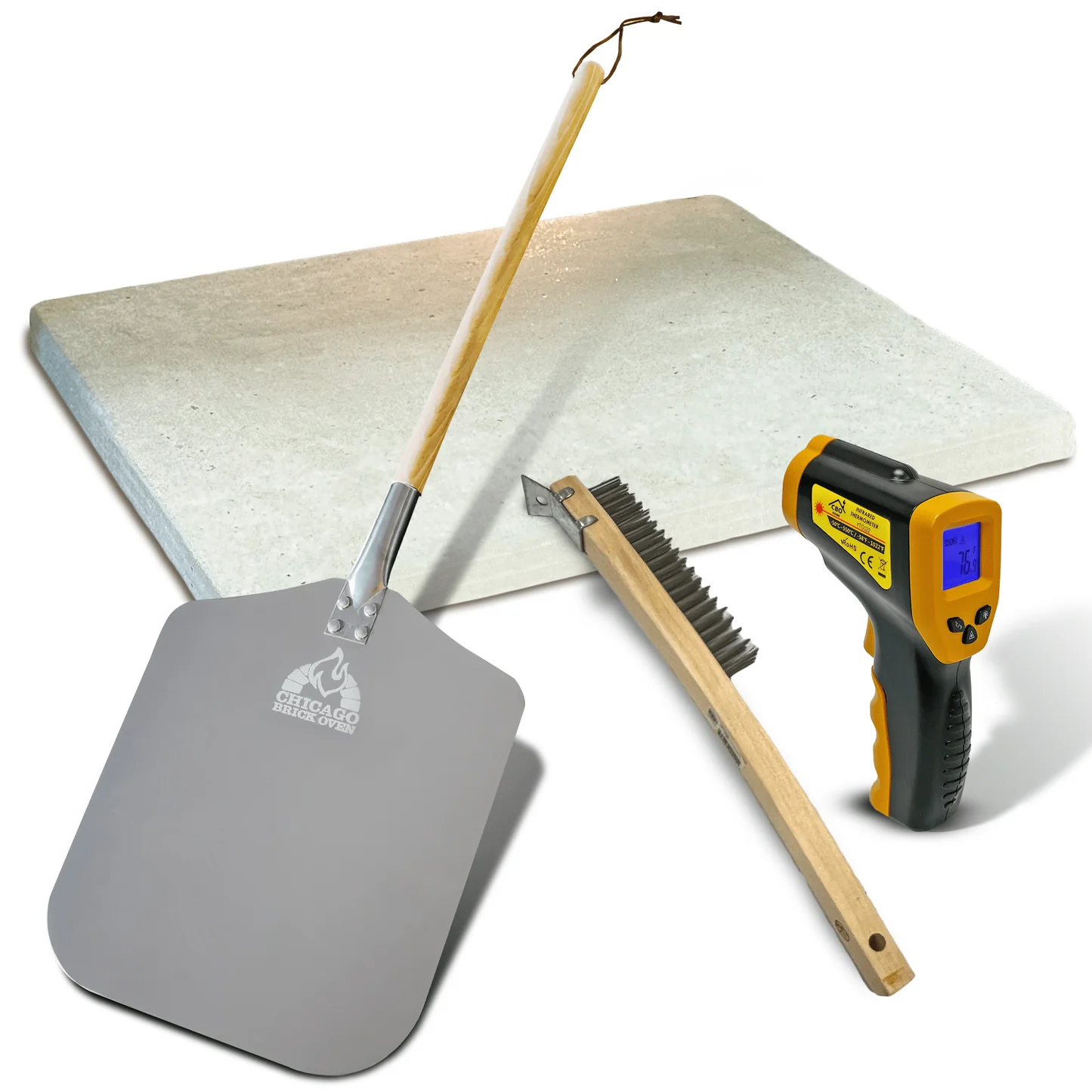 CBO Signature Pizza Baking Stone, IR Thermometer & Wire Brush with Scraper.