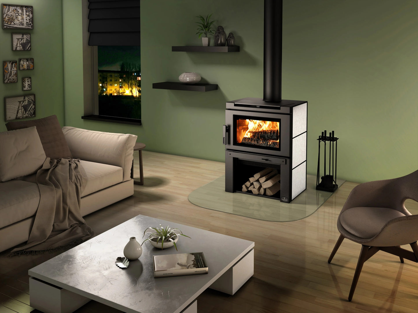 Black Top Panel and Soapstone Side panel Osburn Matrix wood burning stove in a Modern living room with fire burning inside, logs stacked in the Firebox Underneath the stove, shelf, green wall, sofa, and coffee table