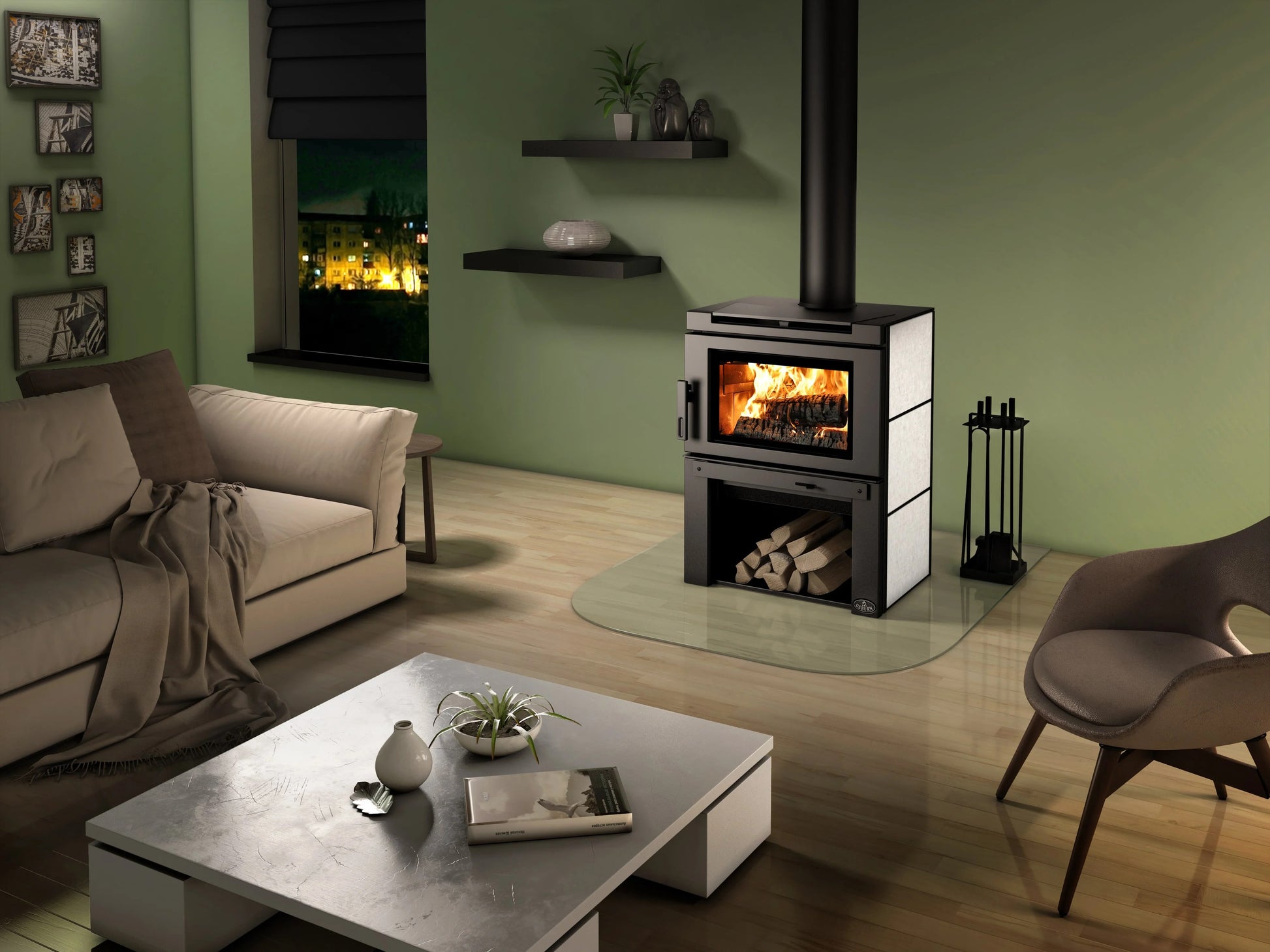 Black Top Panel and Soapstone Side panel Osburn Matrix wood burning stove in a Modern living room with fire burning inside, logs stacked in the Firebox Underneath the stove, shelf, green wall, sofa, and coffee table