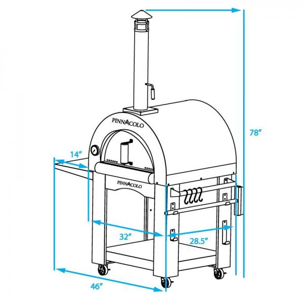 Pinnacolo Premio pizza oven with dimensions labeled on a white background
