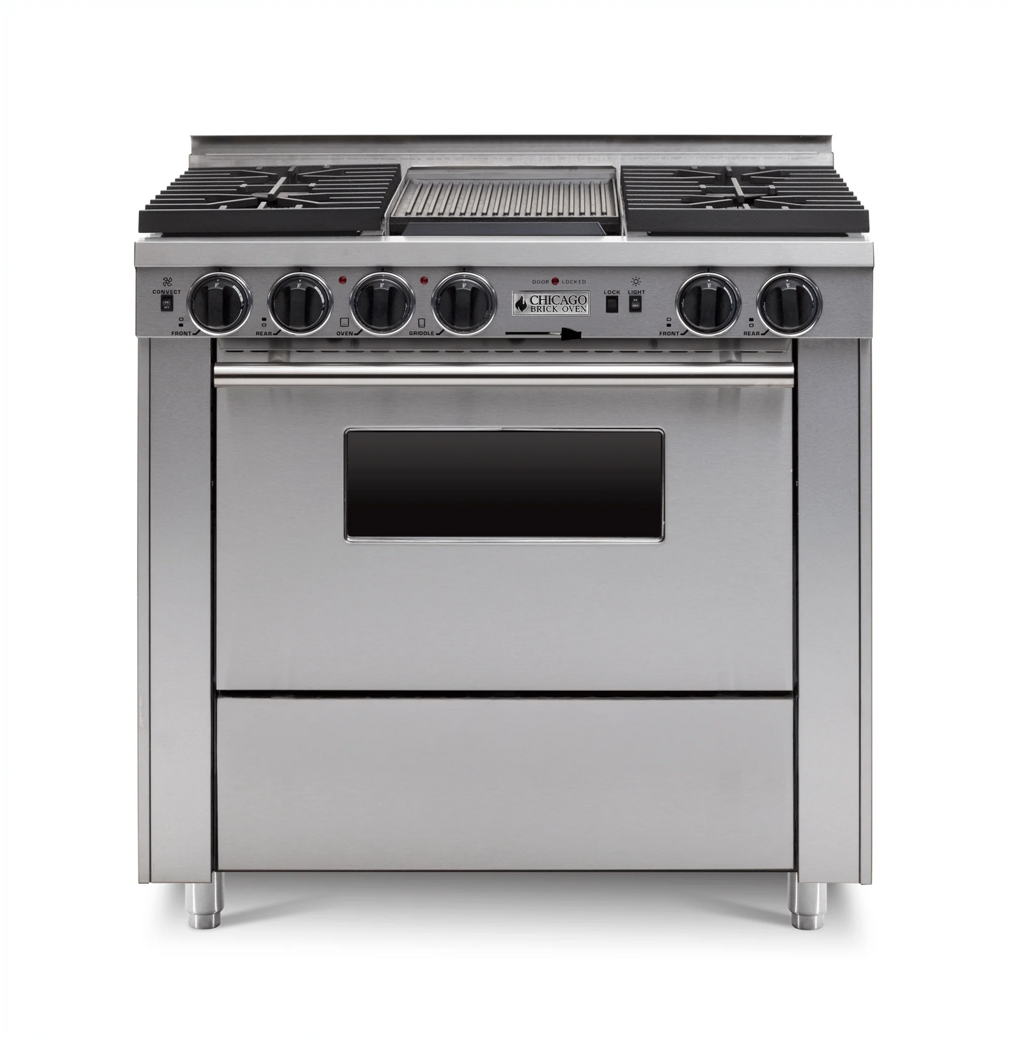 Stainless steel 36" LP Gas Dual-fuel CBO range stove with four burners and an oven with stainless Trim on a white background