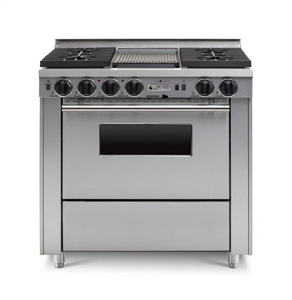 Stainless steel 36" LP Gas Dual-fuel CBO range stove with four burners and an oven with stainless Trim on a white background