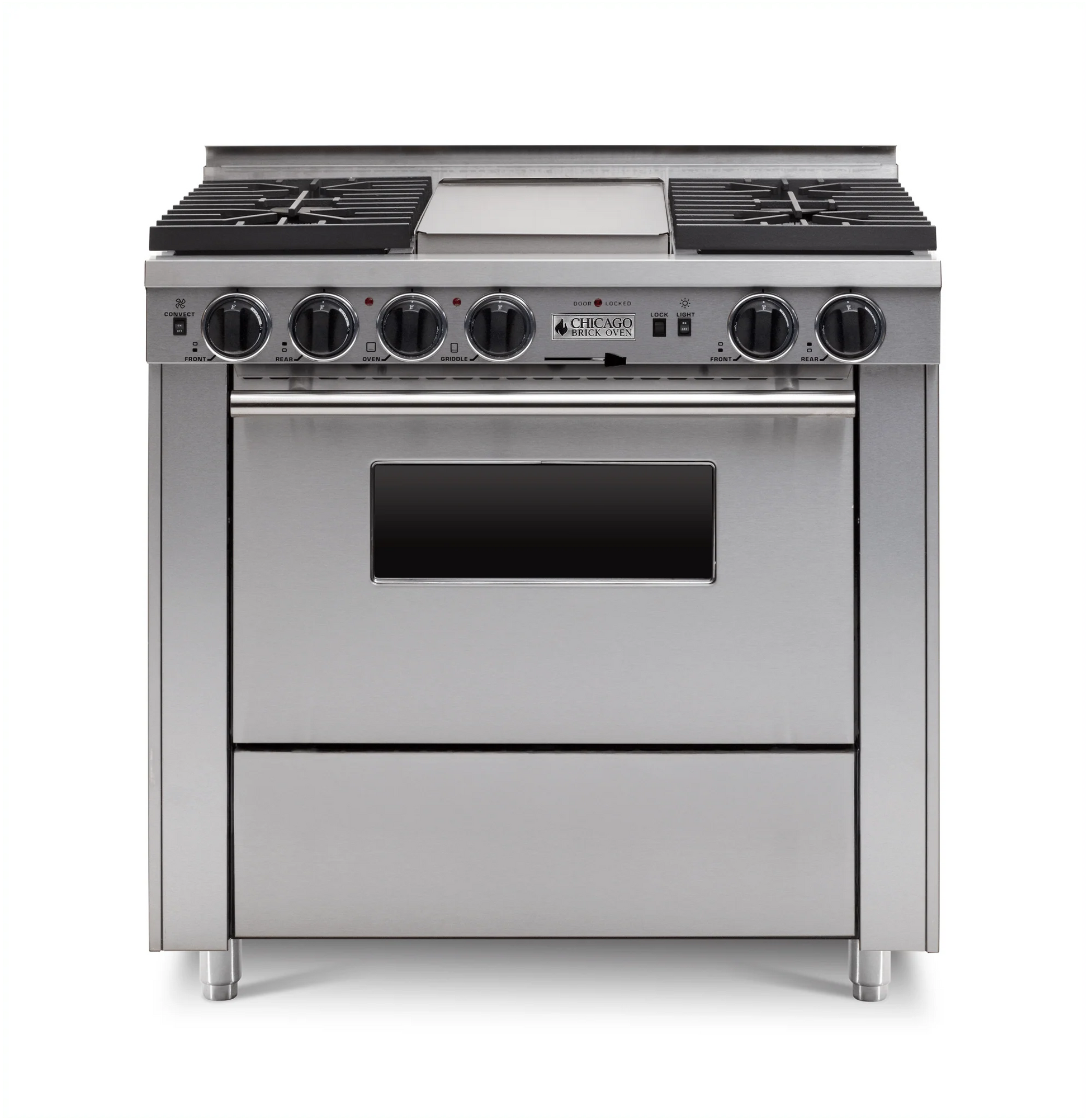 Stainless steel 36" LP Gas Dual-fuel CBO range stove with four burners and an oven with stainless trim on a white background