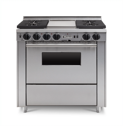 Stainless steel 36" LP Gas Dual-fuel CBO range stove with four burners and an oven with stainless trim on a white background