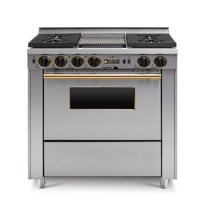 Stainless steel 36" LP Gas Dual-fuel CBO range stove with four burners and an oven with Brass Trim on a white background