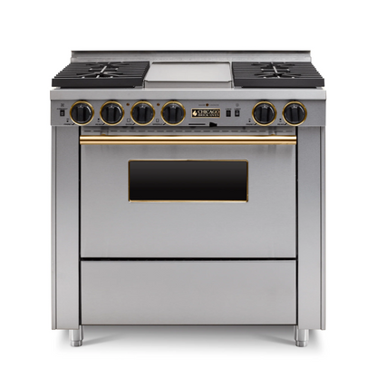 Stainless steel 36" LP Gas Dual-fuel CBO range stove with four burners and an oven with Brass Trim on a white background