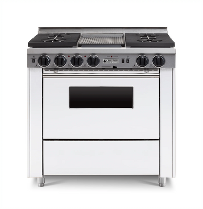 White 36" LP Gas Dual-fuel CBO range stove with four burners and an oven with stainless trim on a white background