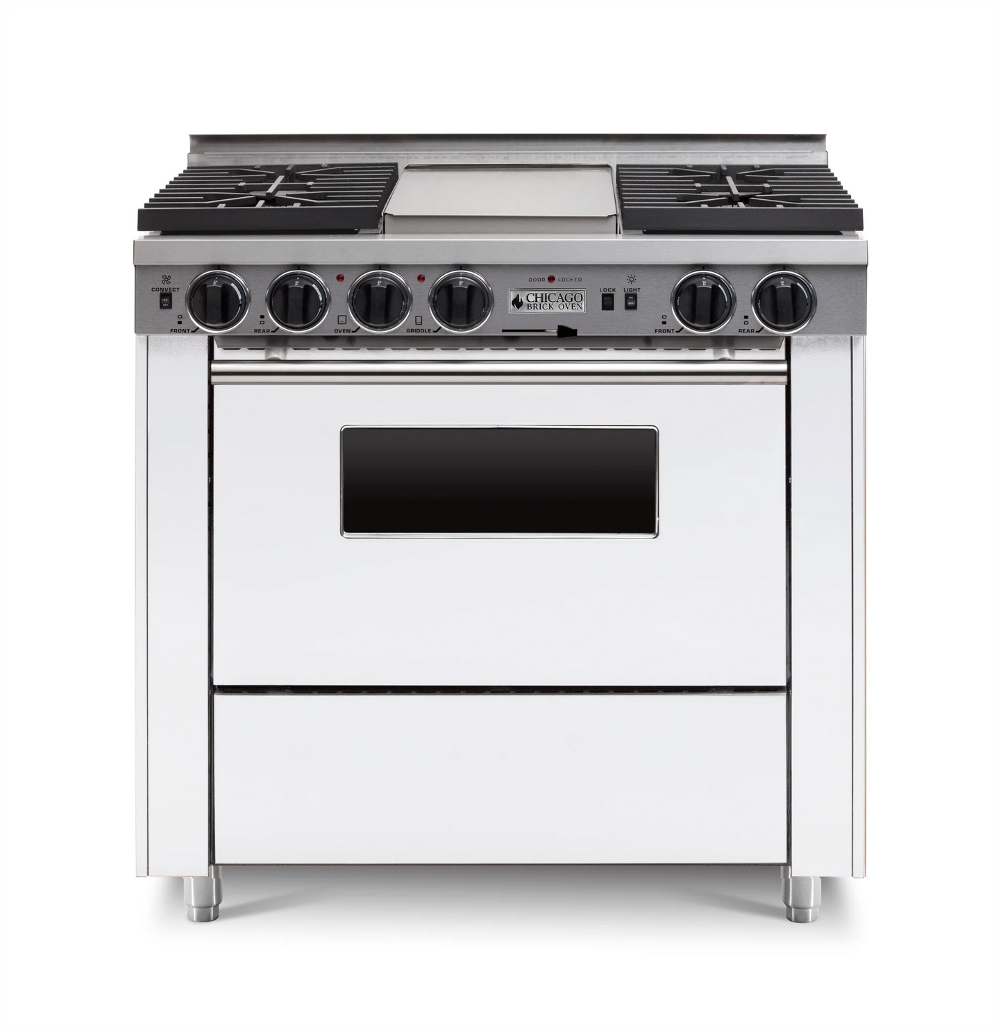 White 36" LP Gas Dual-fuel CBO range stove with four burners and an oven with stainless trim on a white background