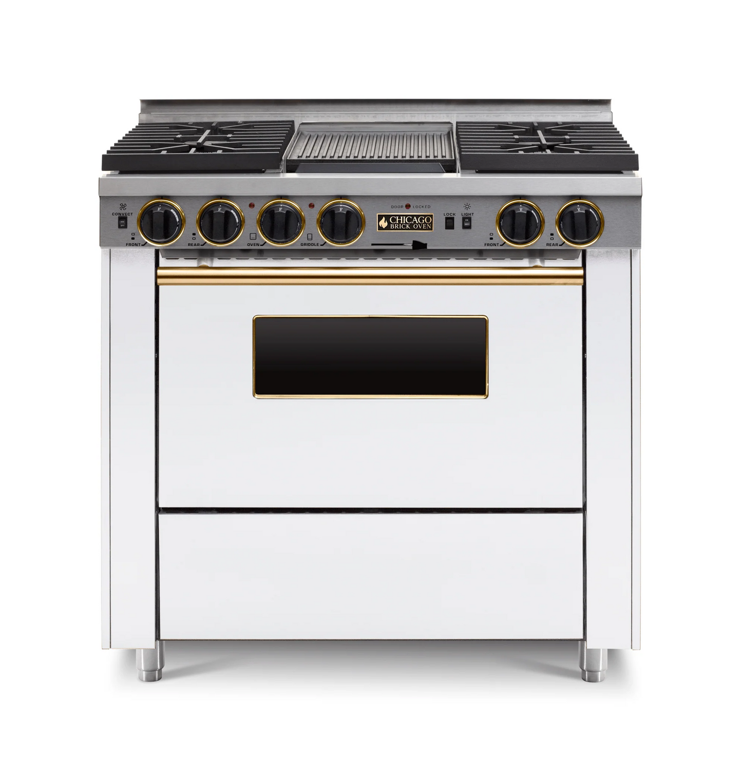 White 36" LP Gas Dual-fuel CBO range stove with four burners and an oven with Brass trim on a white background