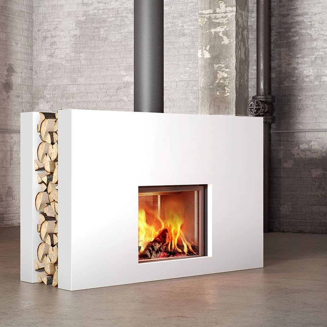Thin edge frame stuv 21-95DF with a White front panel, black chimney and stack of logs between the panel