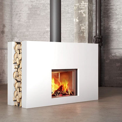 Thin edge frame stuv 21-95DF with a White front panel, black chimney and stack of logs between the panel