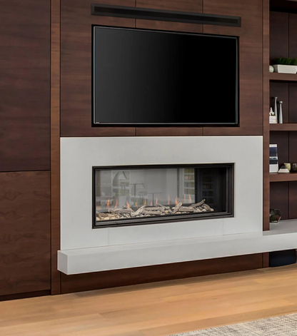 Montigo Distinction See through double sided Gas Fireplace inserts in a wooden wall panel with television embedded above the Fireplace. Direct Vent Indoor Built-in Linear fireplace that connect living room to home library.