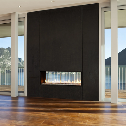 Elegant Montigo Exemplar Built-In See Through Linear Gas Fireplaces Inserts into a black Surrounds in a modern living room with wooden flooring and large windows. Eco-Friendly Modern indoor Gas Fireplace suitable for home and commercial spaces.
Create a modern look with one of our many exquisitegas fireplaces. This Eco-friendly Montigo Exemplar is similar to 48" Isokern Maximus Linear Gas Fireplace, Napoleon Clearion Elite See-Through Fireplace, Empire 48" Boulevard Direct Vent See-Through fireplace.