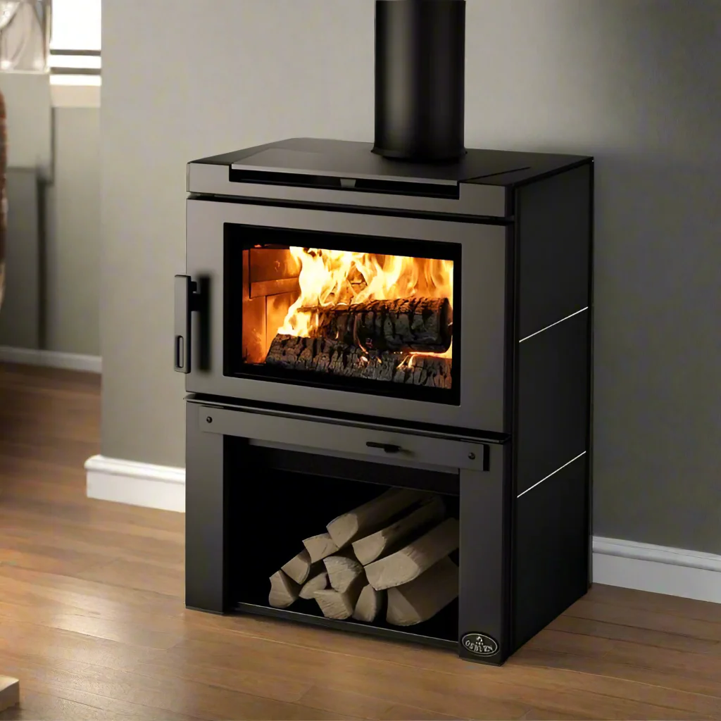 Black Top and Side panel Osburn Matrix Wood-burning stove with fire burning inside, logs stacked in the Firebox Underneath the stove in a room setting.