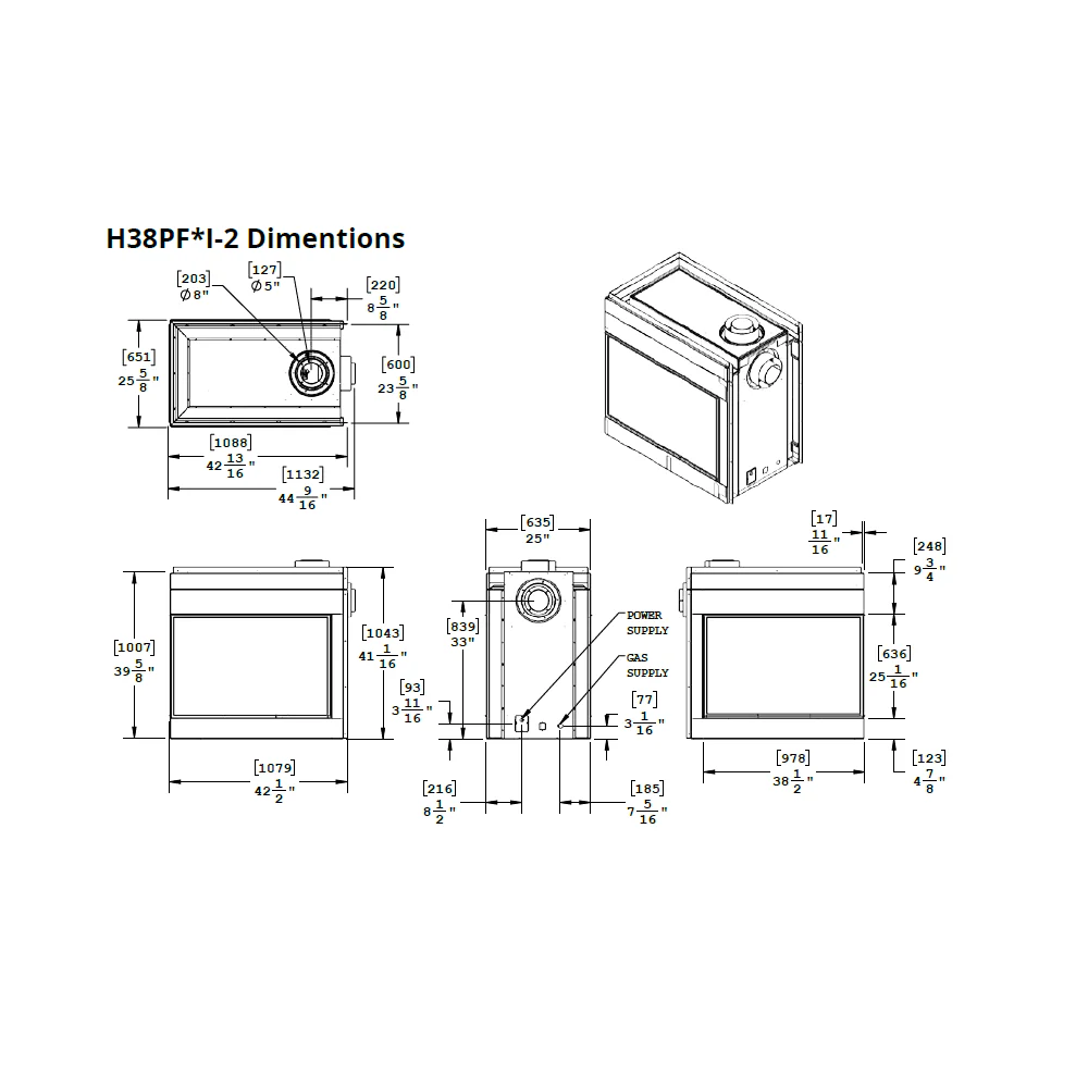 Technical drawing with dimensions of 38" divine traditional pier gas fireplace on a white background.