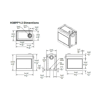 Technical drawing with dimensions of 38" divine traditional pier gas fireplace on a white background.