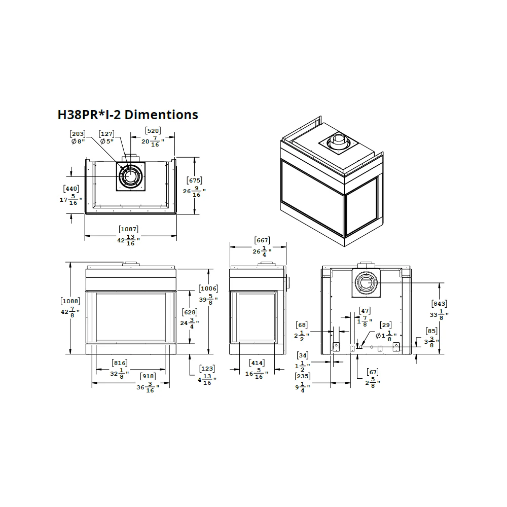 Technical drawing of montigo Divine HL38PR Bay Contemporary Gas Fireplace.