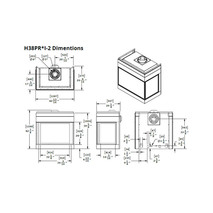 Technical drawing of montigo Divine HL38PR Bay Contemporary Gas Fireplace.