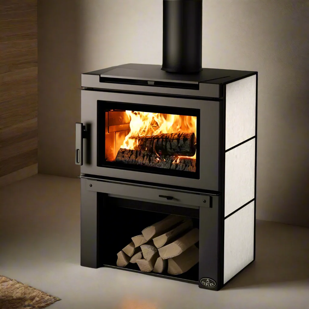 Black Top panel and Side Soapstone panel Osburn Matrix Wood-burning stove with with fire burning inside, logs stacked in the Firebox Underneath the stove in a room setting.