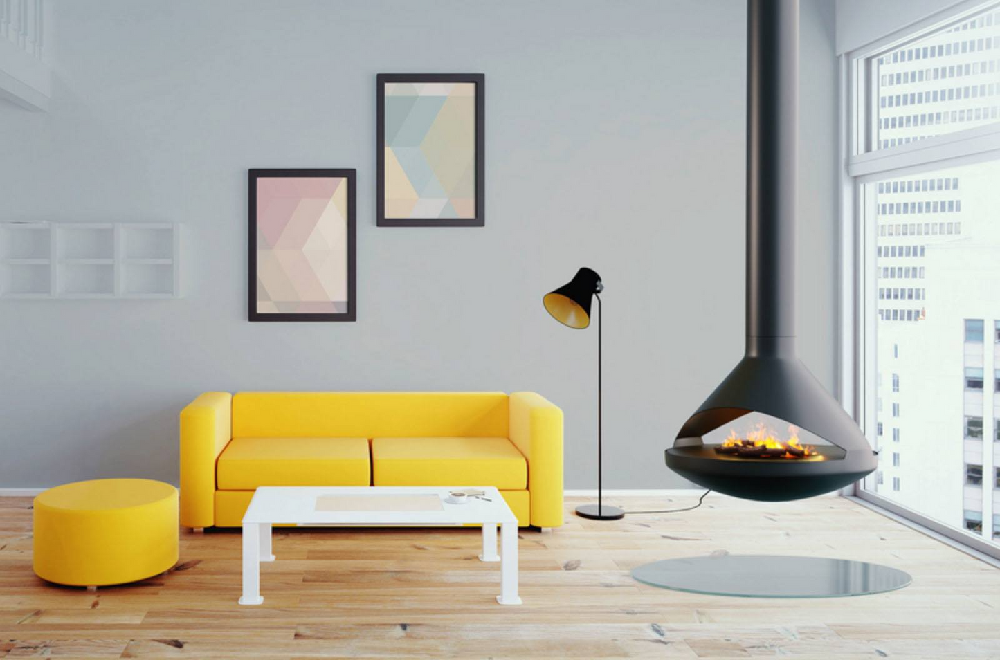 36" Modern Suspended/Floating See through Black Vita Aidan Fireplace in a Ash painted room with yellow sofa, wall art and Fireplace in the middle. Dynamic Water Vapor-Fire tech and Wood burning UFO design Fireplace. This Mid-century design hanging fireplace offers efficient heating, easy installation, and elegance. Aidan suspended fireplace is similar to Focus Ergofocus Holographic Suspended  Electric Fireplace, Focus GYROFOCUS Fireplace, Shine 1 Luxury Hanging Disc-Shaped Real Wood Burning Fire Fireplace.
