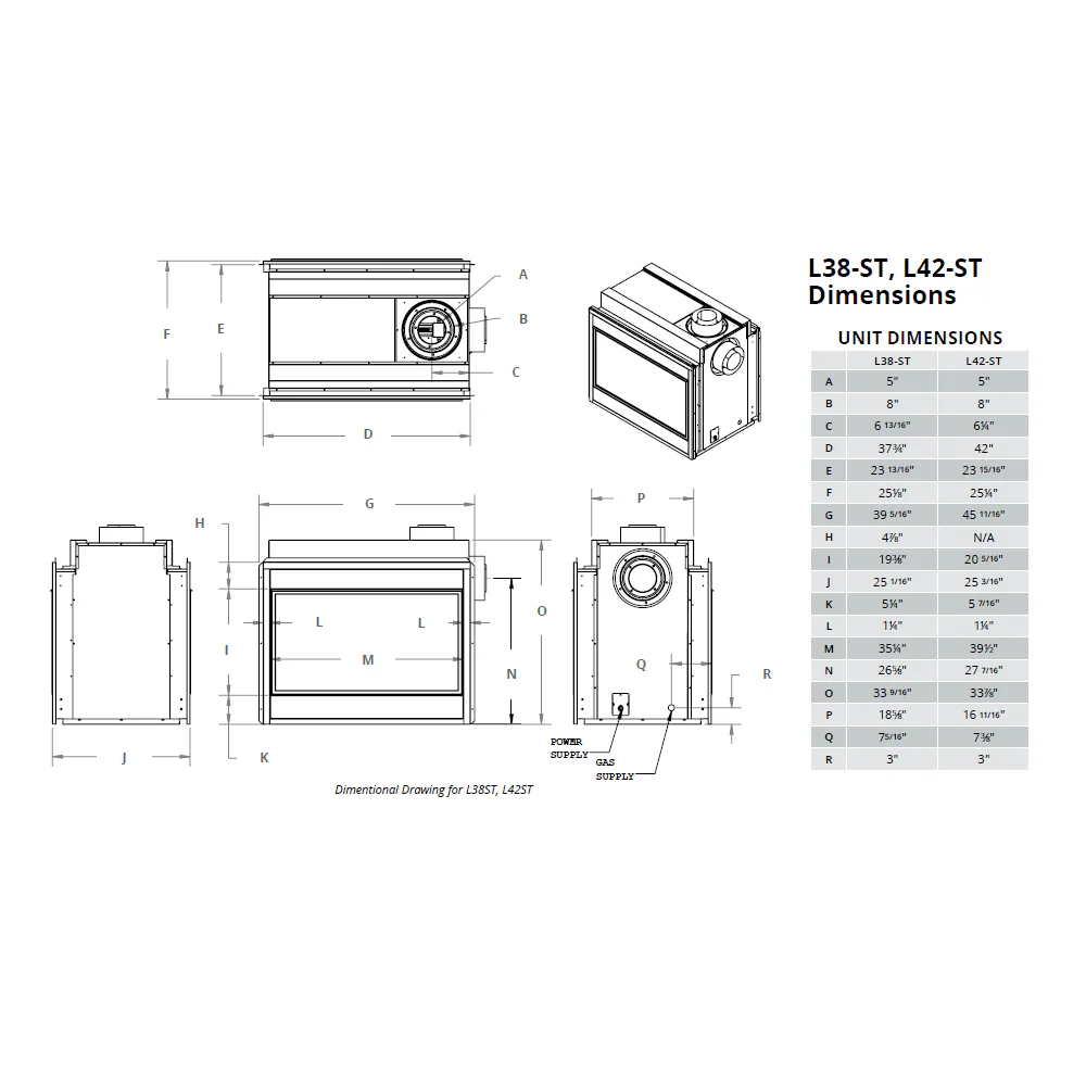 Technical drawings and dimensions of a mechanical component of Montego Phenom series Gas Fireplace inserts on a white background