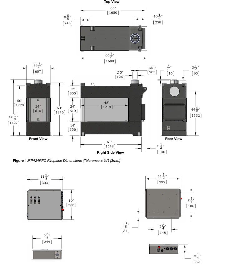 Technical drawing with dimension of 3 sided Built Montigo exemplar RP424 see through gas fireplace inserts on a white background.
perfect to connect your spaces, room to room or outdoor to indoor
