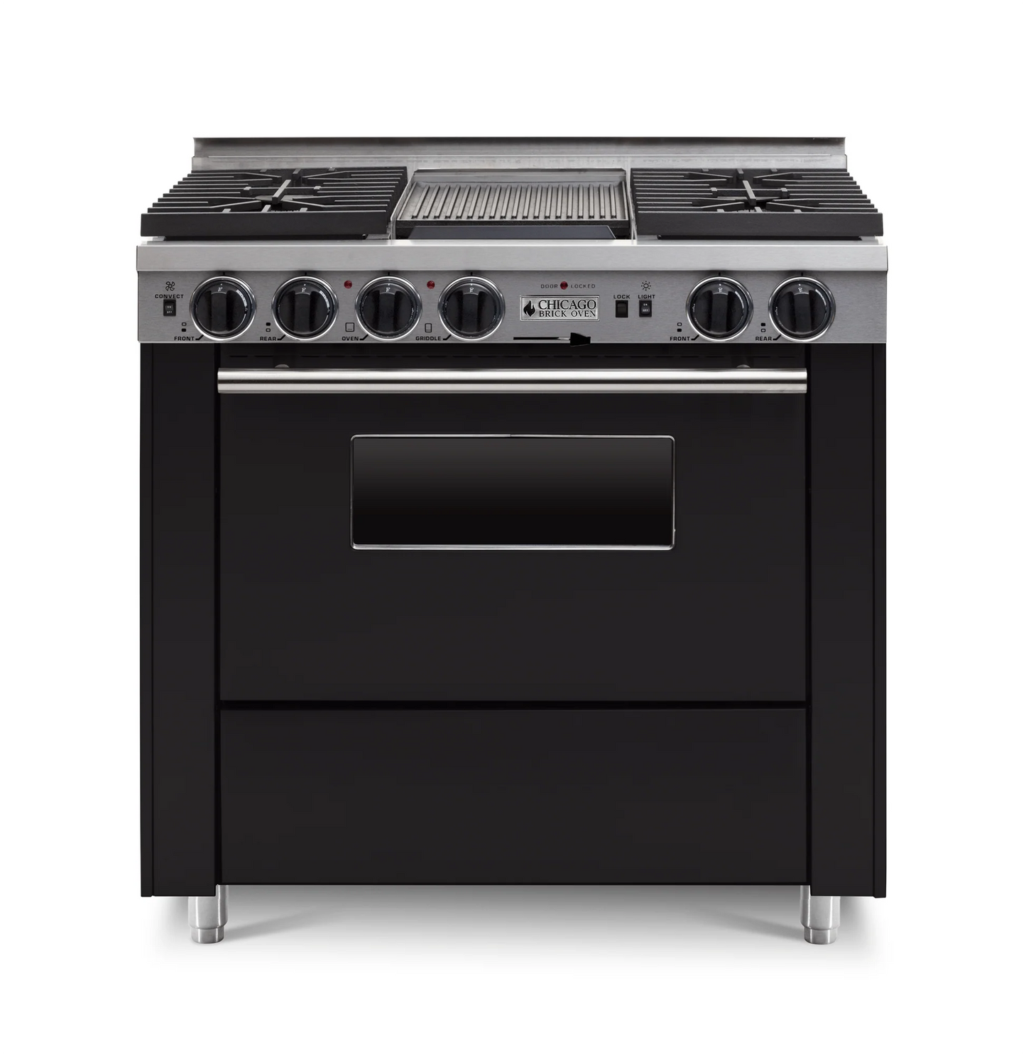 Black 36" LP Gas Dual-fuel CBO range stove with silver cooktop and silver Trim on a white background