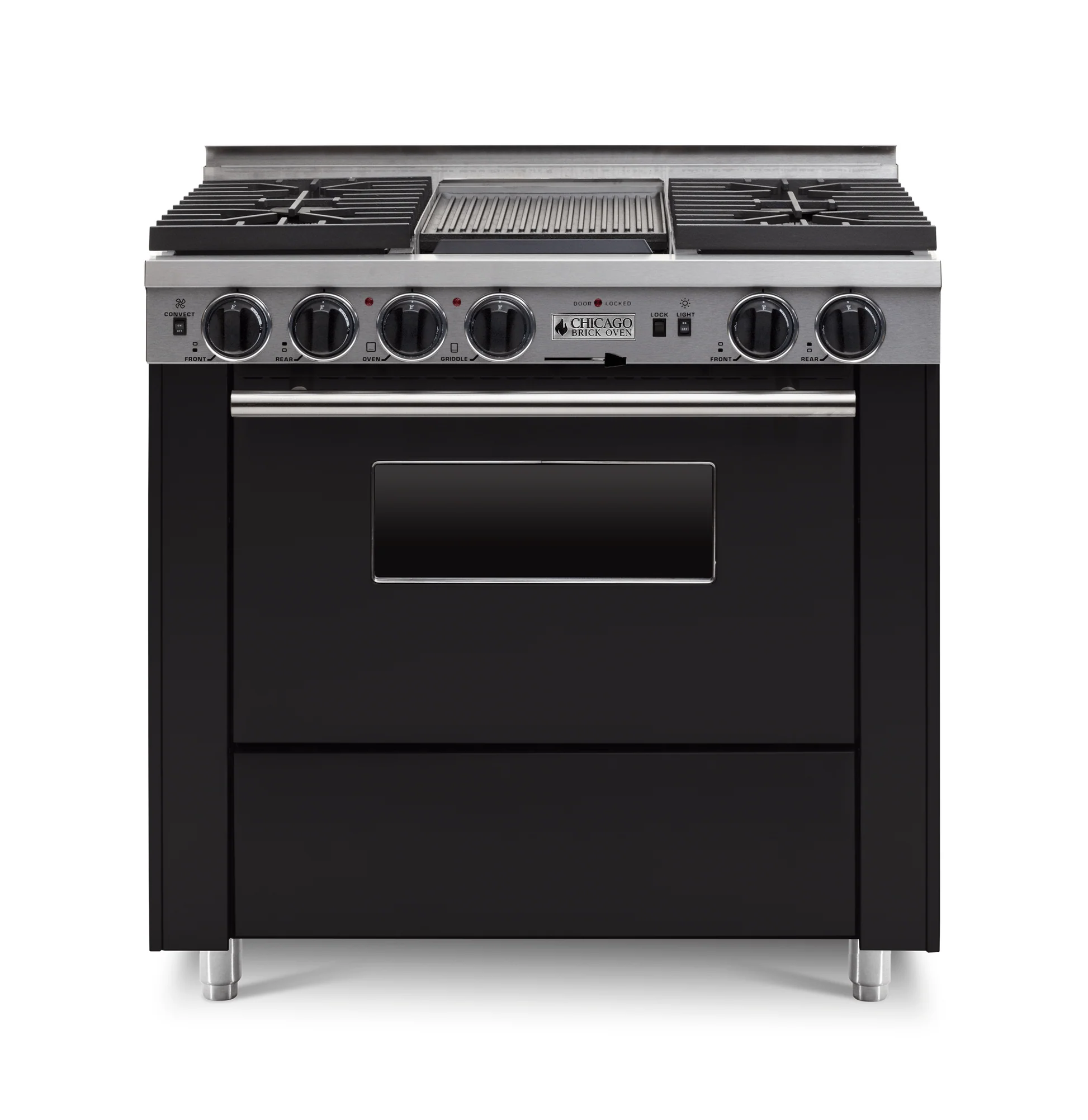 Black 36" LP Gas Dual-fuel CBO range stove with silver cooktop and silver Trim on a white background