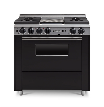 Black 36" LP Gas Dual-fuel CBO range stove with silver cooktop and silver Trim on a white background