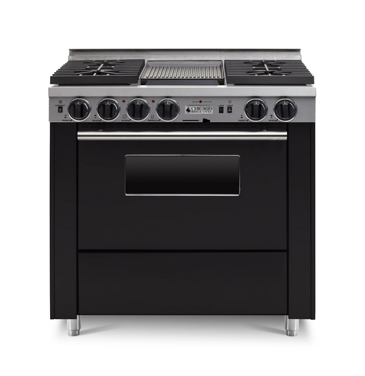 Black 36" LP Gas Dual-fuel CBO range stove with silver cooktop and silver Trim on a white background