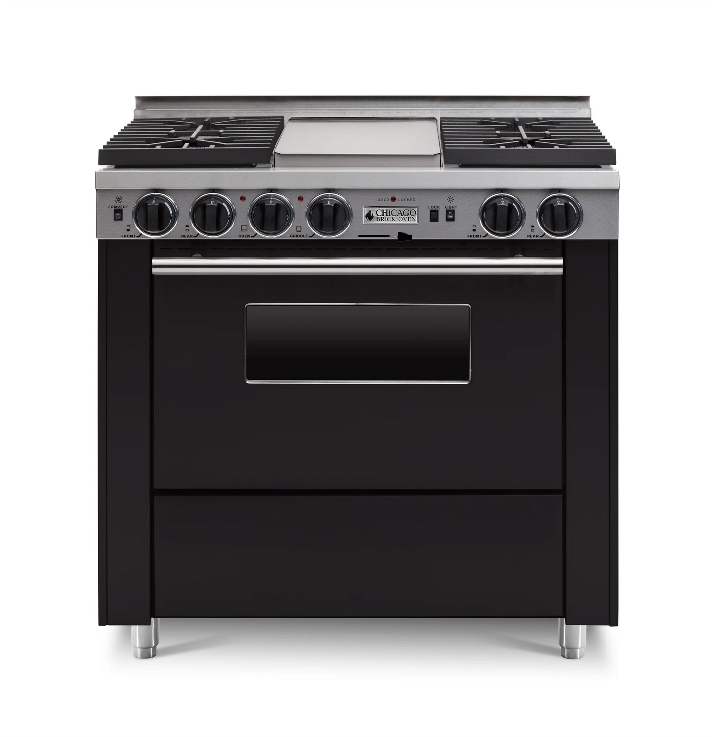 Black 36" LP Gas Dual-fuel CBO range stove with silver accents on a white background