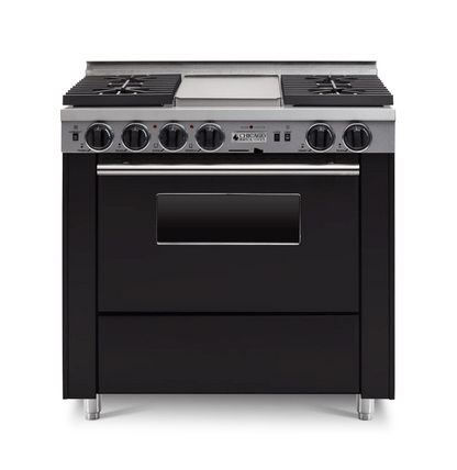 Black 36" LP Gas Dual-fuel CBO range stove with silver accents on a white background