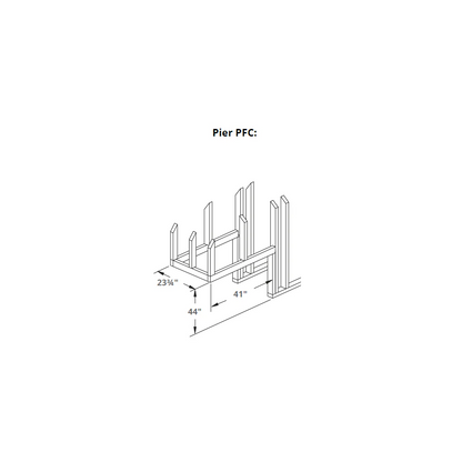 Technical drawing with dimensions of 38" divine pier contemporary gas fireplace on a white background.