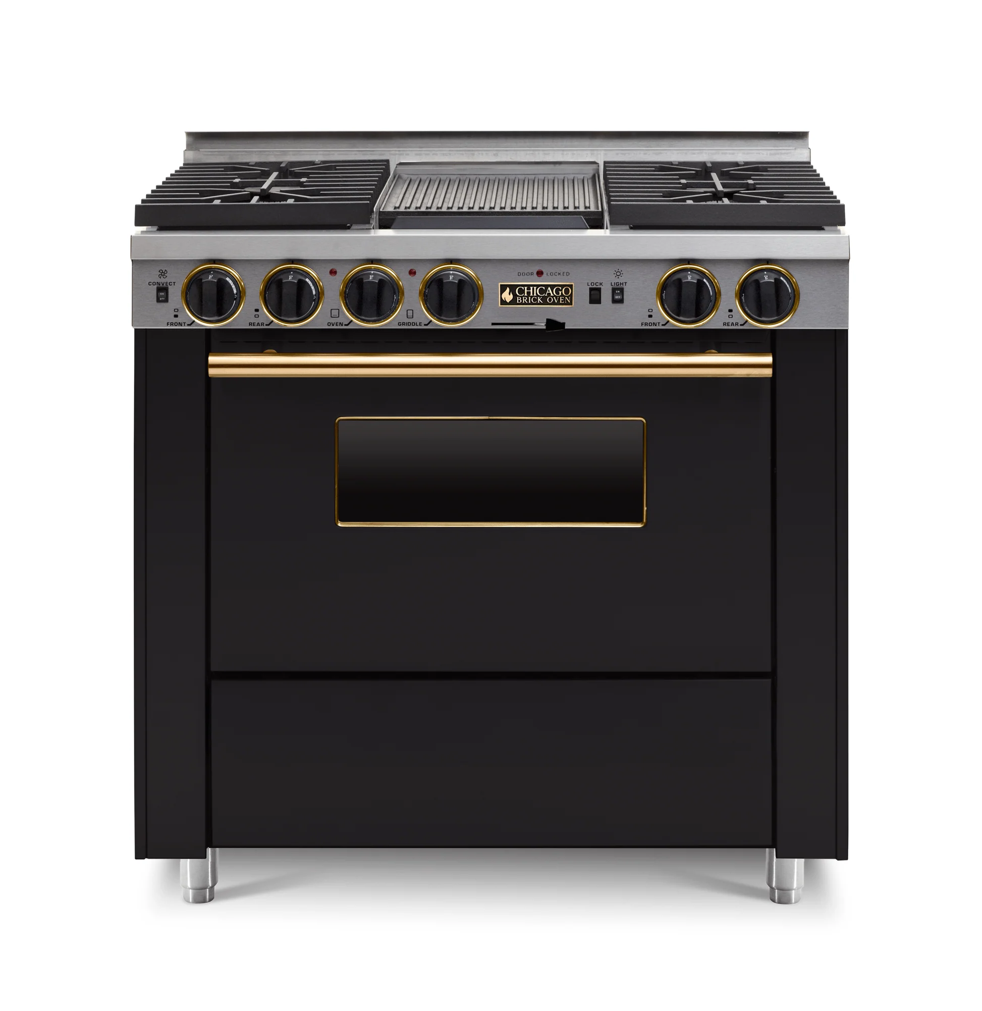 Black 36" LP Gas Dual-fuel CBO range stove with silver cooktop and Brass Trim on a white background