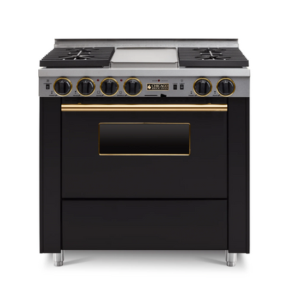 Black 36" LP Gas Dual-fuel CBO range stove with silver cooktop and Brass Trim on a white background