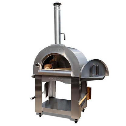 Pinnacoolo Wood-Fired Stainless steel outdoor pizza oven, open door with wood inside 