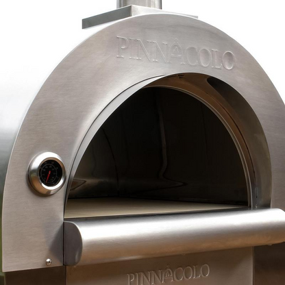 Stainless steel pizza oven with 'Pinnacolo' branding on a white background