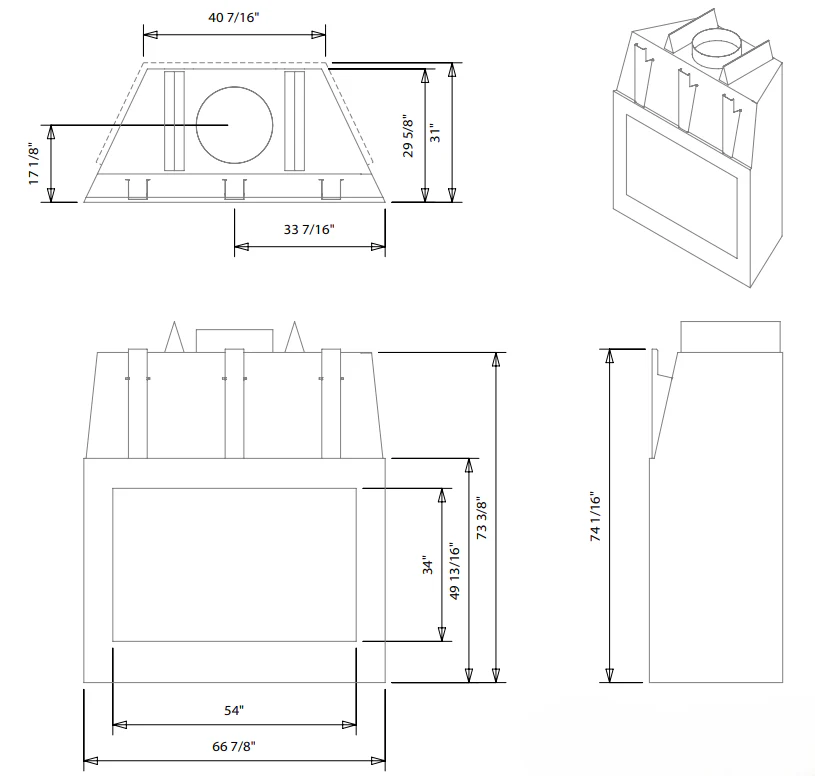 Technical drawing of Montigo Wildfire wood burning fireplace insets on a white background.